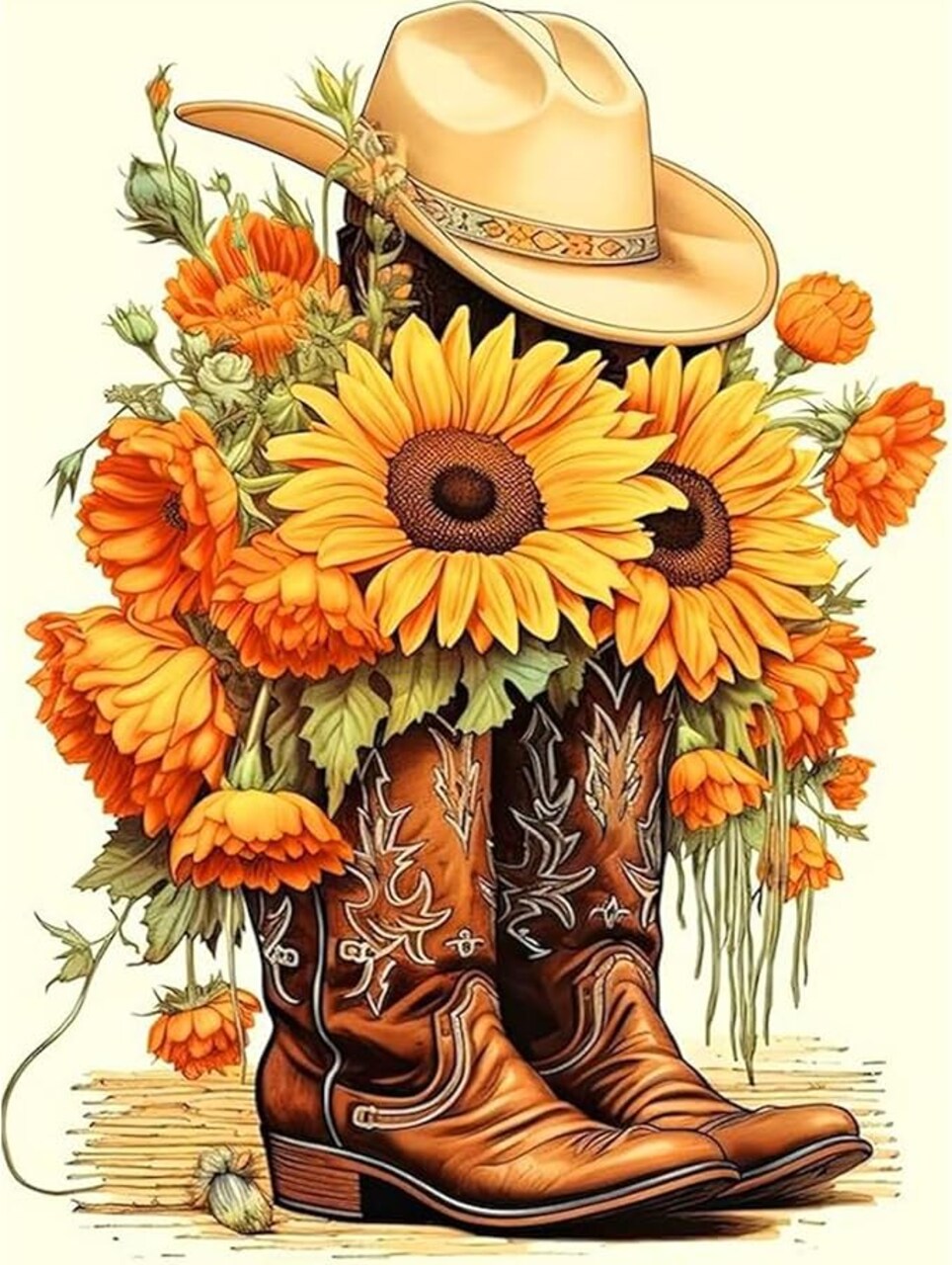 Diamond Art Kits for Adults Cowboy Boot, DIY 5D Diamond Painting Kit for Beginners Sunflower, Cowboy Hat Full Round Drill Gem Art Dots for Adults, Perfect for Home Wall Decor 12X16 Inch